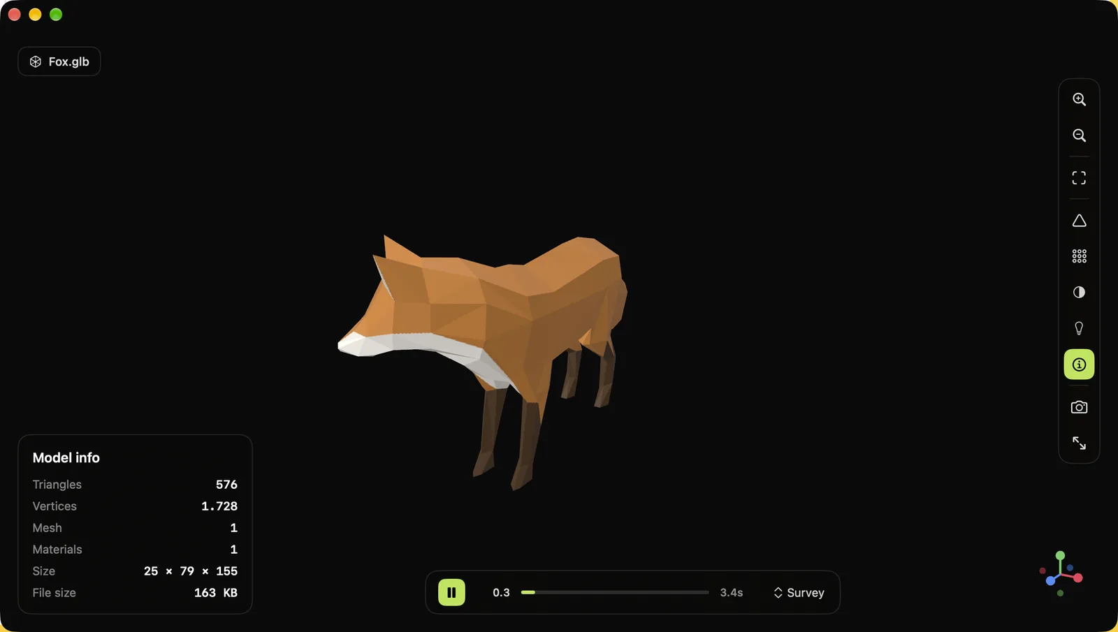 Peek3D showing an animated low-poly fox, with the model info panel, the animation timeline and the viewer toolbar